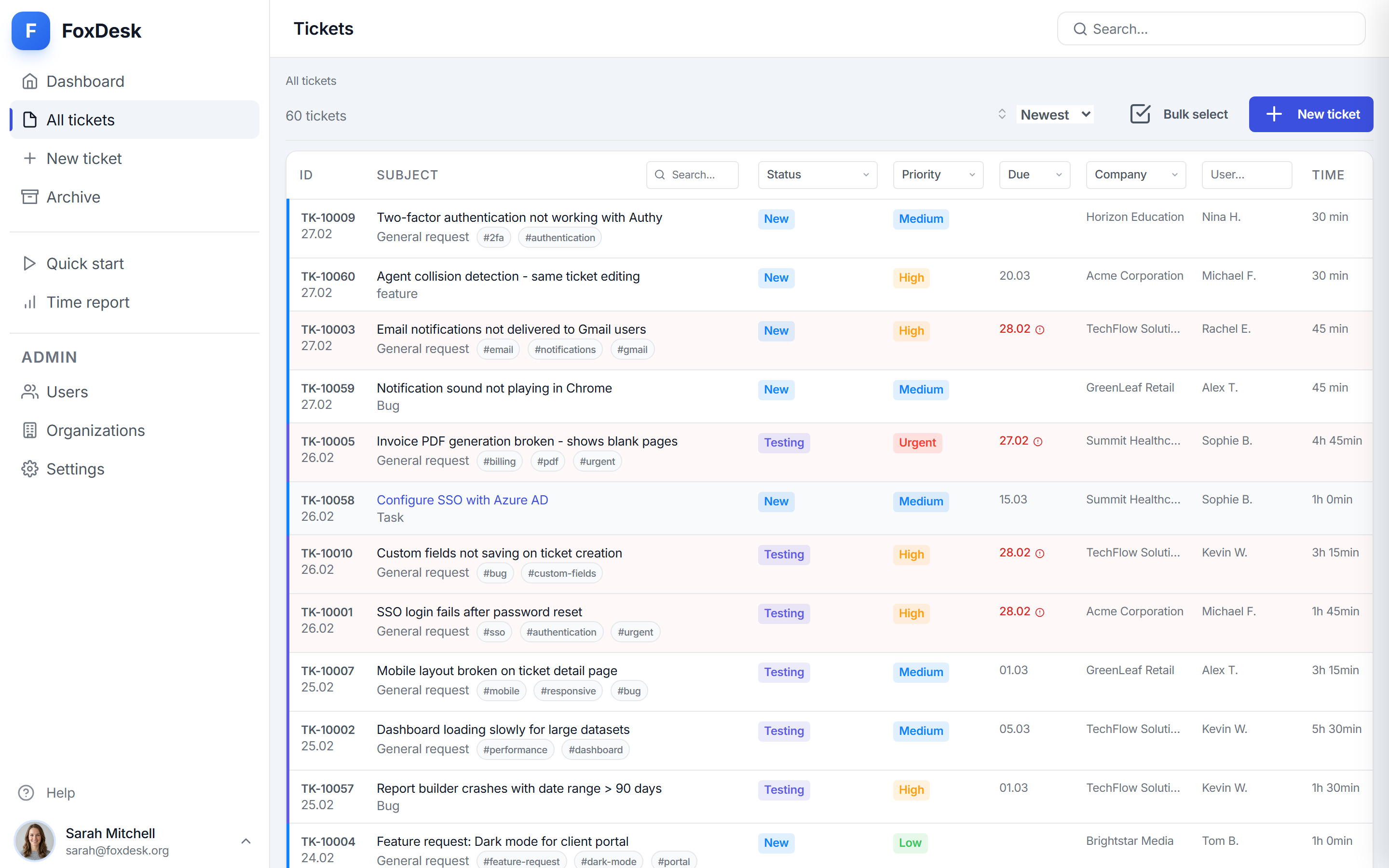 FoxDesk tickets list