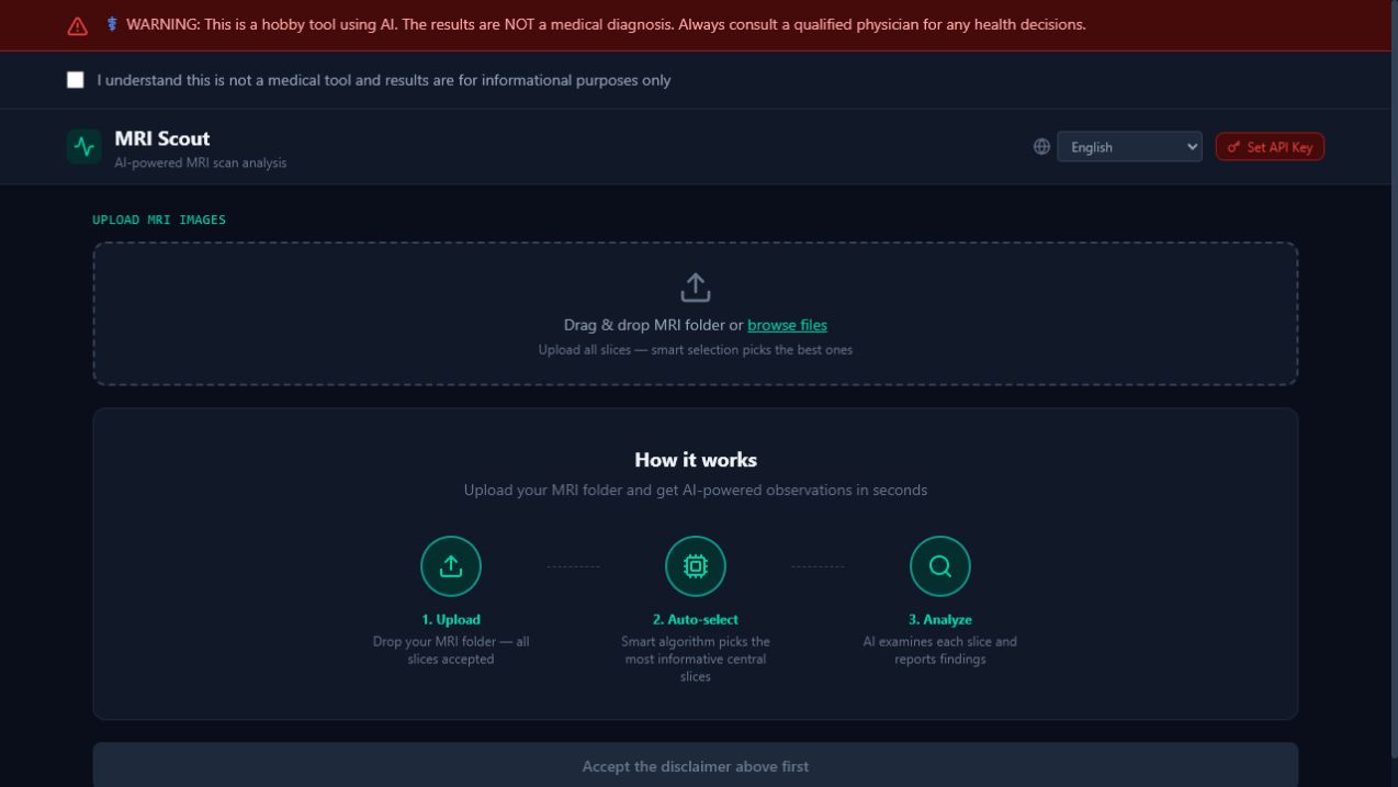 MRI Scout upload and analysis interface